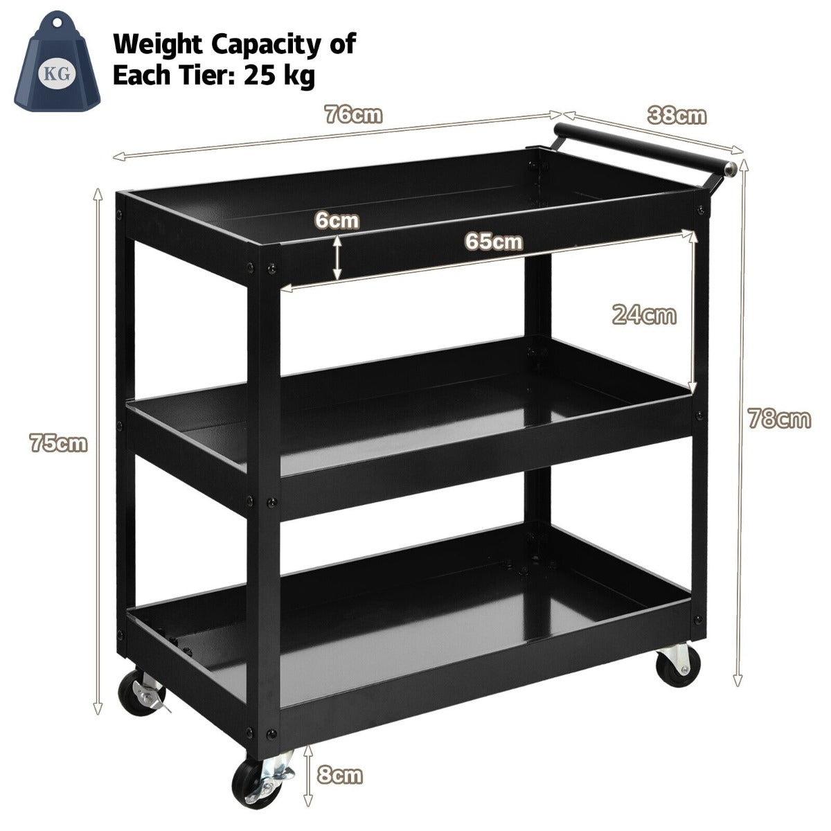 3-Tier Tool Trolley with Lockable Wheels for Garage Restaurant-Black
