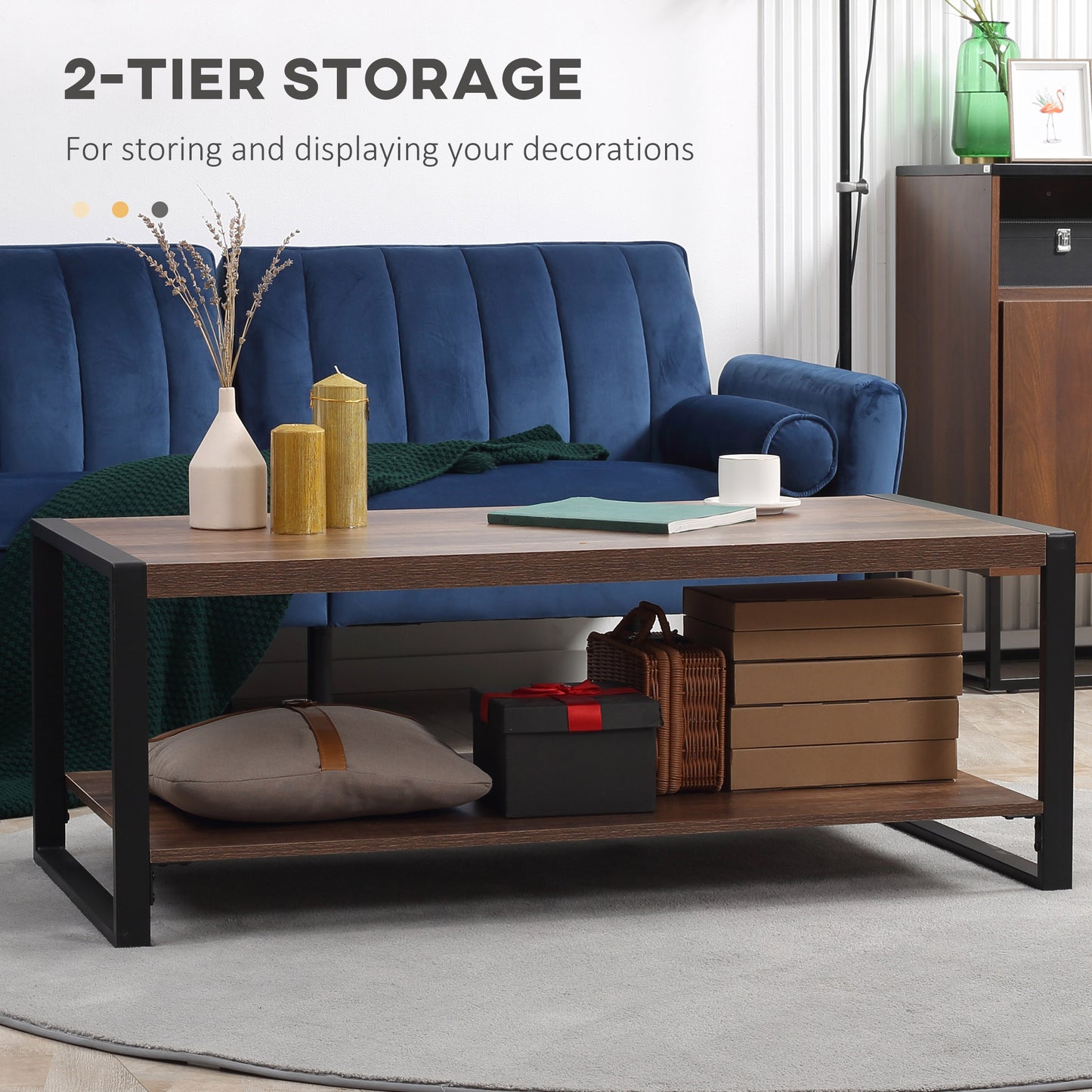 HOMCOM Industrial Coffee Table with Shelf and Steel Frame for Living Room,120cmx60cmx45cm, Natural