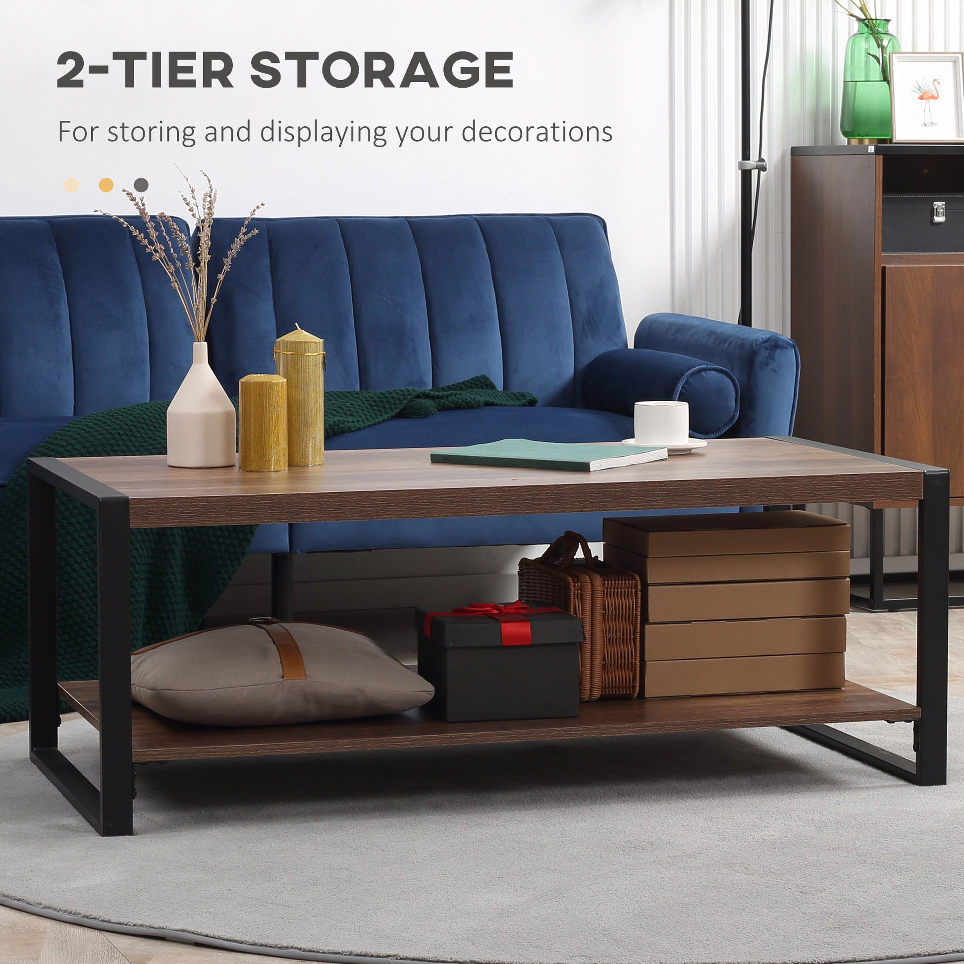 HOMCOM Industrial Coffee Table with Shelf and Steel Frame for Living Room,120cmx60cmx45cm, Natural