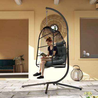 Outsunny Hanging Egg Chair, Foldable Rattan Garden Swing Chair with Installation Kit, Thickened Cushion and Headrest, Indoor Outdoor Hanging Egg Basket Seat for Patio, Porch, Dark Grey