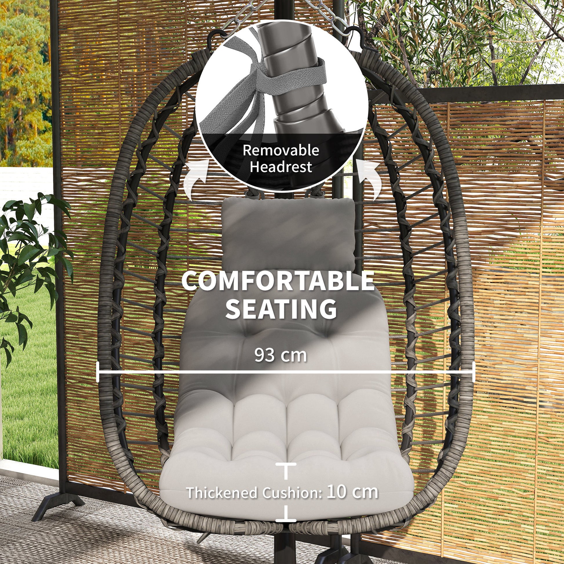 Outsunny Rattan Hanging Egg Chair, Foldable Wicker Hammock Swing Chair with Cushion, Stand, Adjustable Height, Head Pillow, Steel Frame for Garden Patio Indoor Outdoor, Light Grey