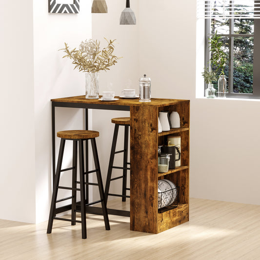 HOMCOM 3 Piece Industrial Style Bar Table Set, Pub Dining Table Set Height Table and 2 Stools with Storage Shelf, Rustic Brown