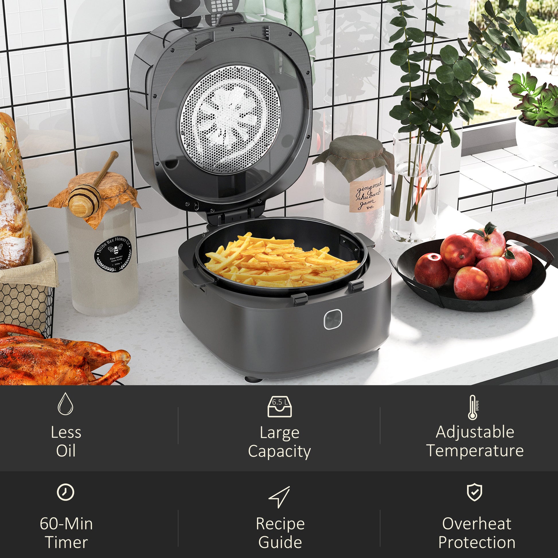 HOMCOM Family Air Fryer with Rapid Air Circulation and Recipes, 6.5L Oil Free Airfryer with 60-Minute Timer, Adjustable Temperature