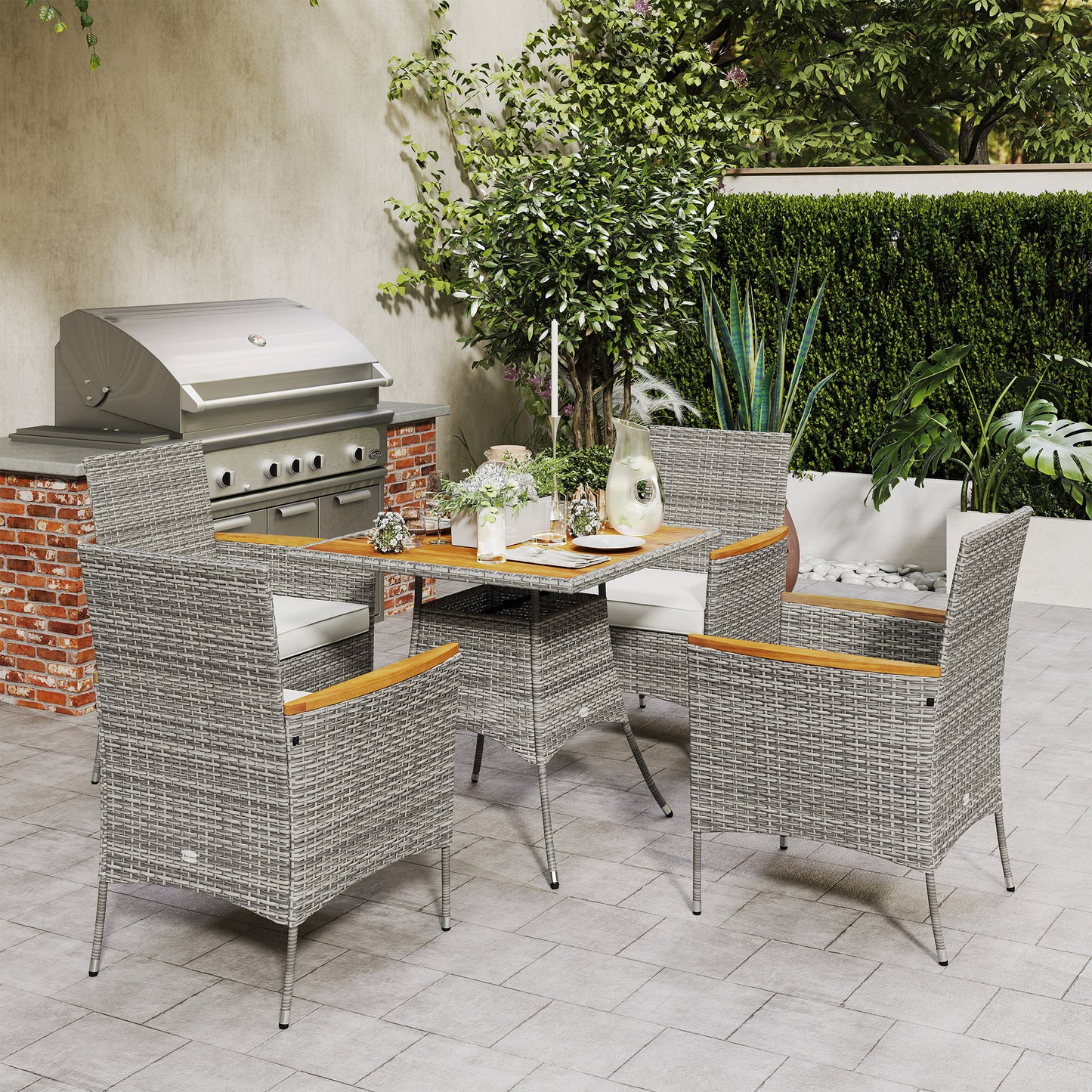 Outsunny Five-Piece Rattan Set, with Wood-Top Table - Teak