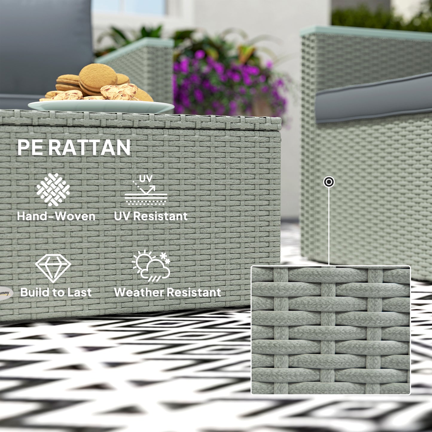 Outsunny 4 Piece Rattan Garden Furniture Set, 4 Seater Wicker Outdoor Sofa Set with 2 Armchairs, Loveseat, Acacia Wood Top Coffee Table, Cushions, Patio Conservatory Set for Balcony, Light Grey