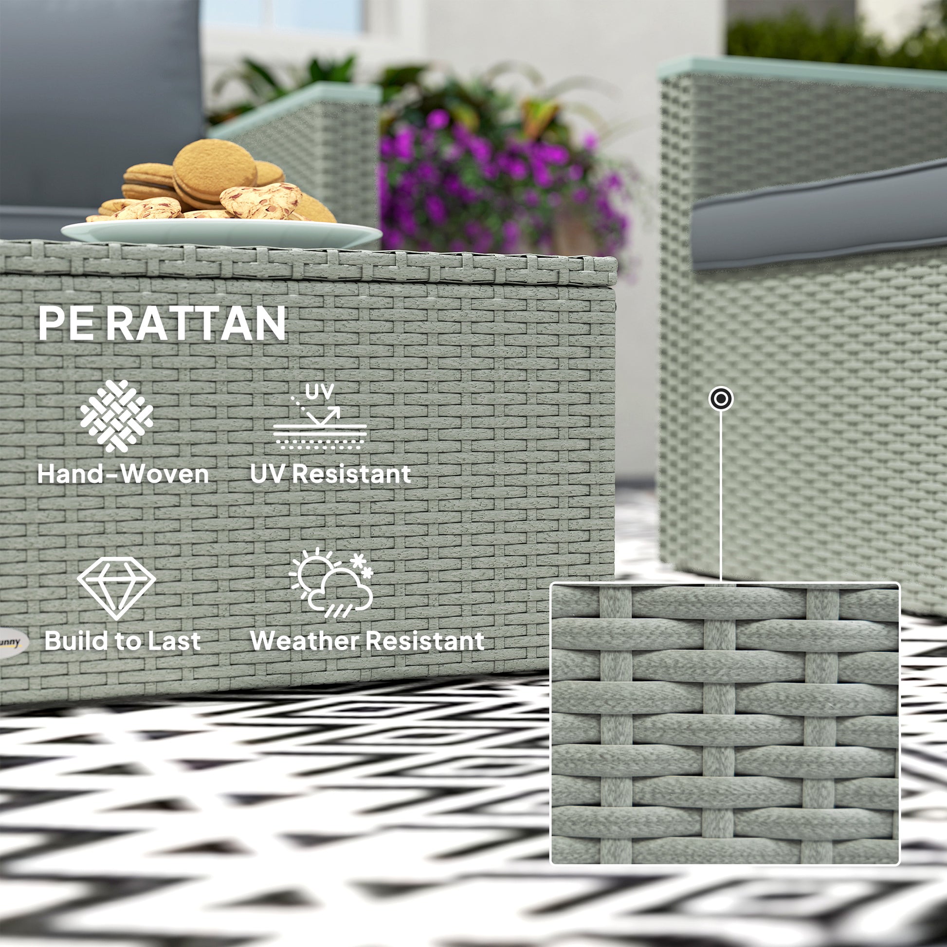 Outsunny 4 Piece Rattan Garden Furniture Set, 4 Seater Wicker Outdoor Sofa Set with 2 Armchairs, Loveseat, Acacia Wood Top Coffee Table, Cushions, Patio Conservatory Set for Balcony, Light Grey