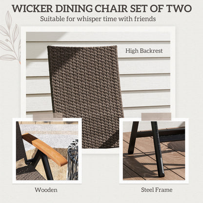 Outsunny 2 Pieces Outdoor Foldable Dining Chair with Armrests, High Backrest, for Garden, Camping, Balcony, Brown