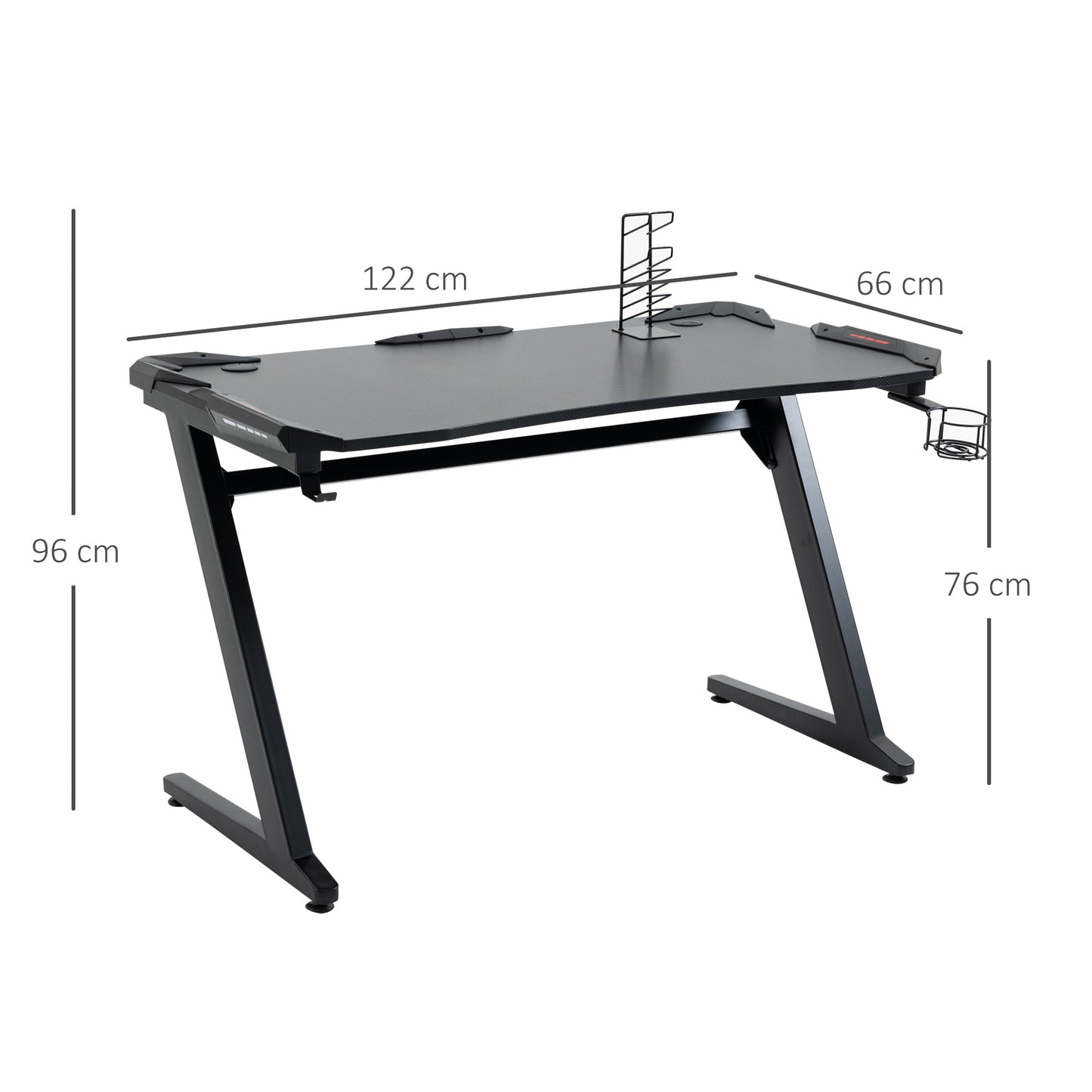 HOMCOM Gaming Desk, Ergonomic Home Office Desk, Gamer Workstation Racing Table, with Headphone Hook and Cup Holder, 122 x 66 x 86cm, Black