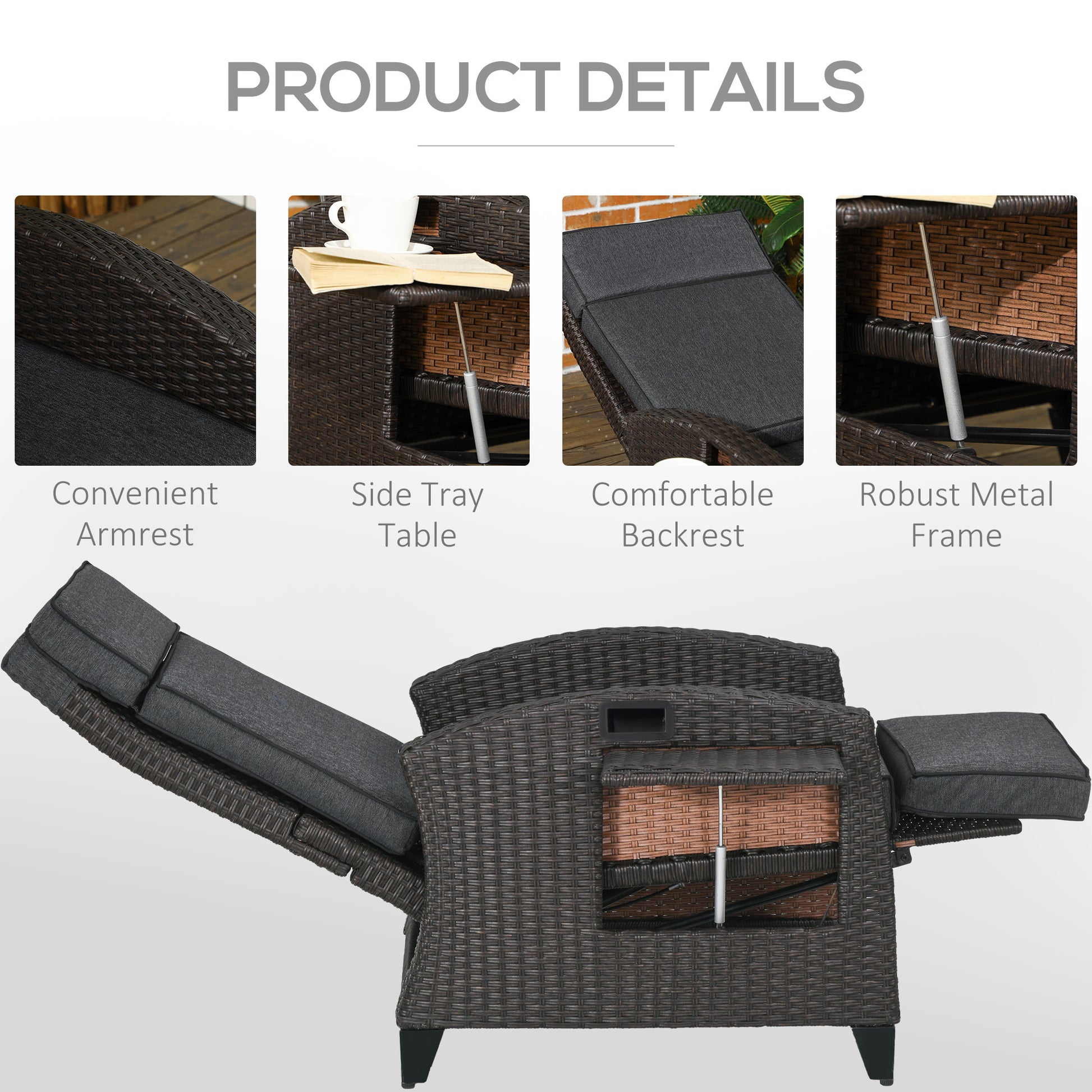 Outsunny Outdoor Recliner Chair with Adjustable Backrest and Footrest, Cushion, Side Tray, Grey