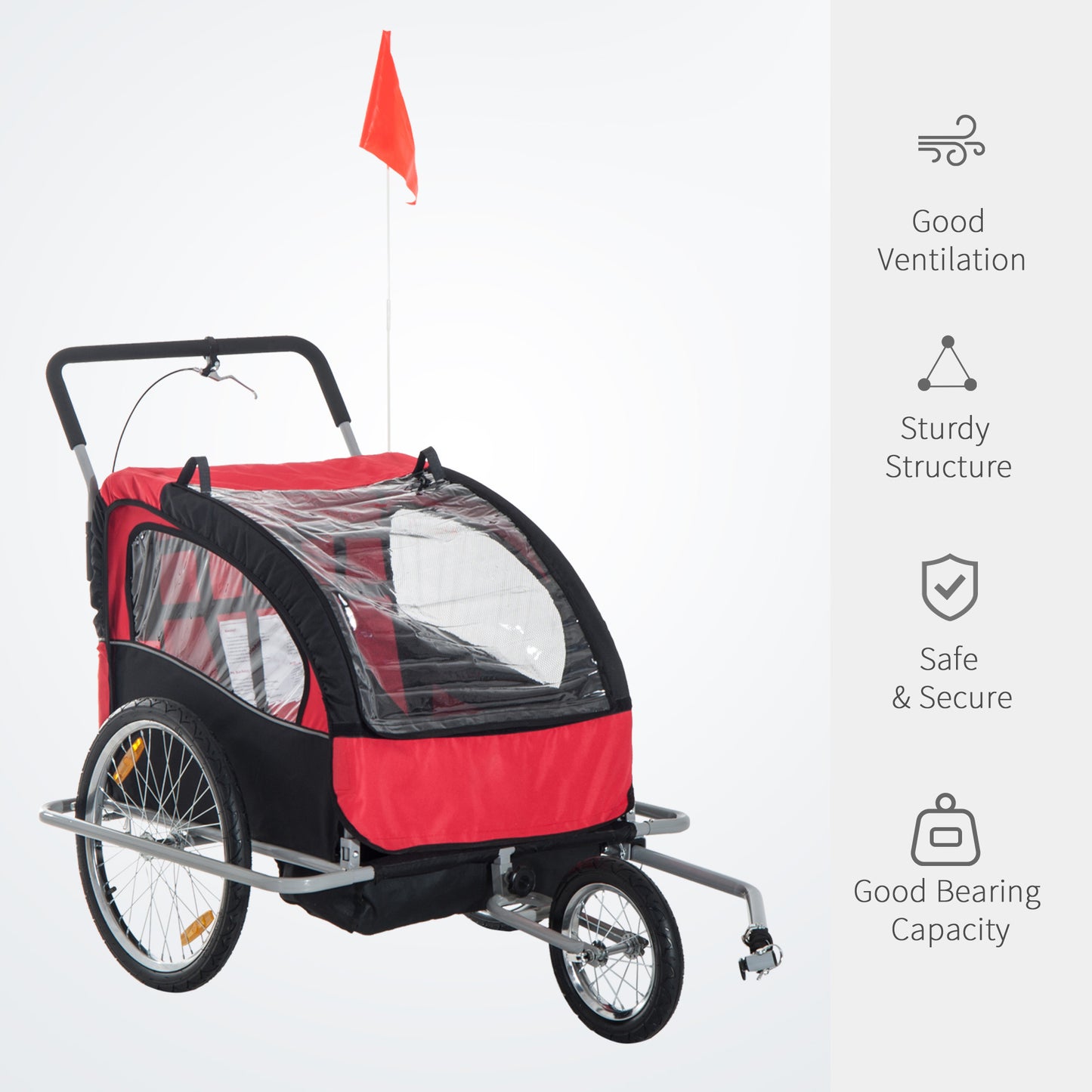 HOMCOM Collapsible Bike Trailer 2-Seater for Baby Bicycle with Pivot Wheel Suitable For 18 Month + Child(Black and Red)