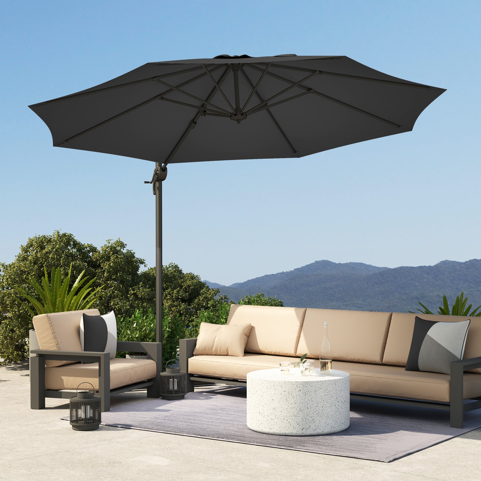 Outsunny 3 x 3(m) Cantilever Parasol with Cross Base, Garden Umbrella with 360° Rotation, Crank Handle and Tilt for Outdoor, Black