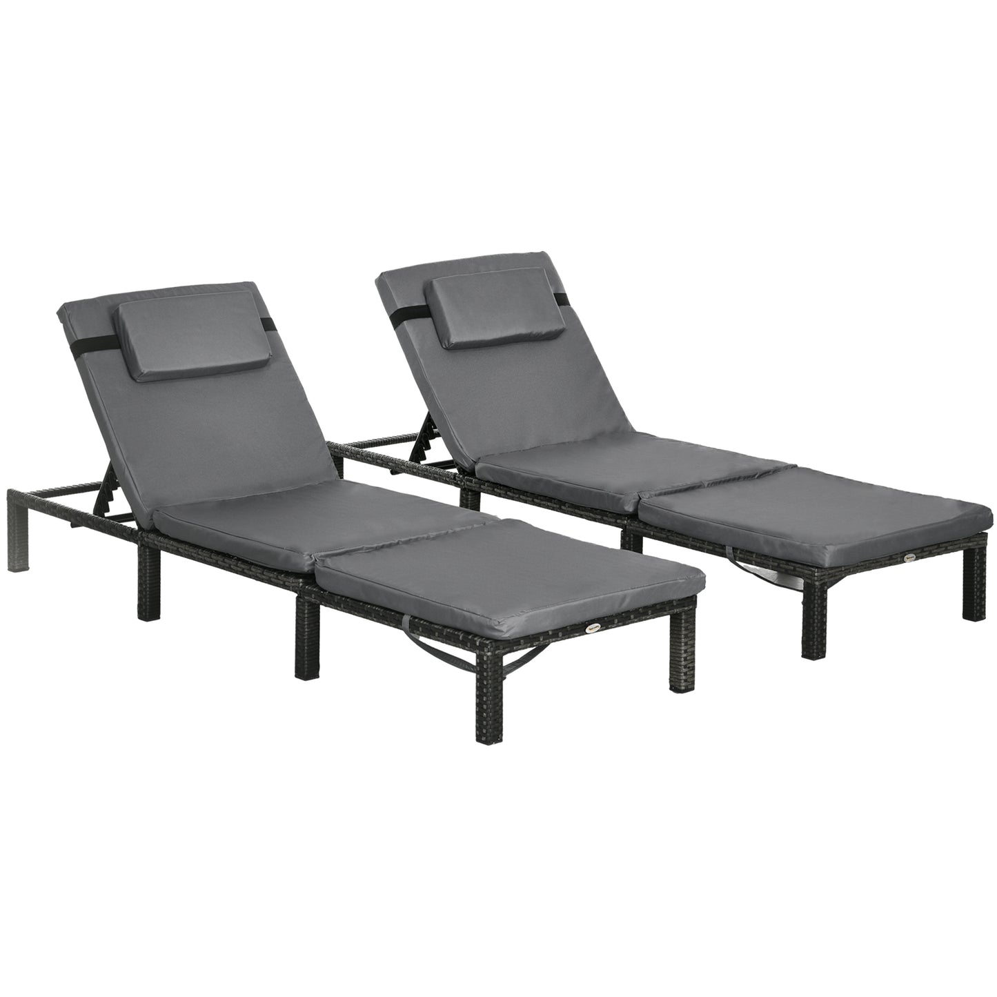 Outsunny Set of Two Reclining Rattan Sun Loungers, with Cushions - Grey