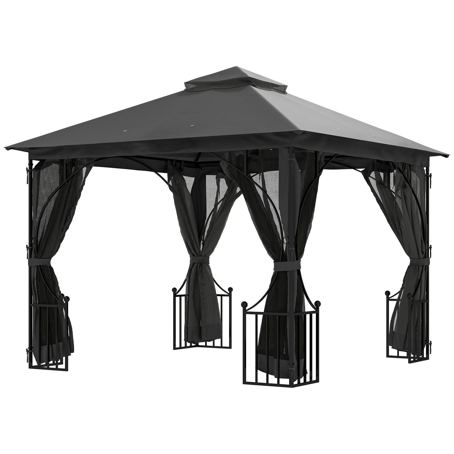 Outsunny 3 x 3(m) Garden Gazebo Patio Party Tent Shelter Outdoor Canopy Double Tier Sun Shade with Metal Frame and Netting, Dark Grey