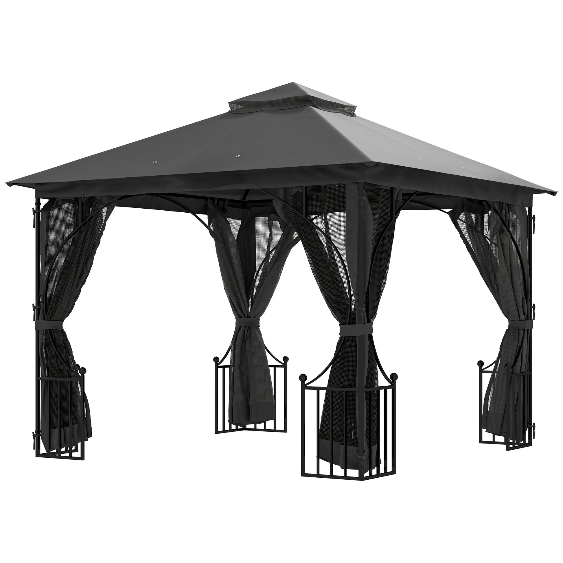 Outsunny 3 x 3(m) Garden Gazebo Patio Party Tent Shelter Outdoor Canopy Double Tier Sun Shade with Metal Frame and Netting, Dark Grey