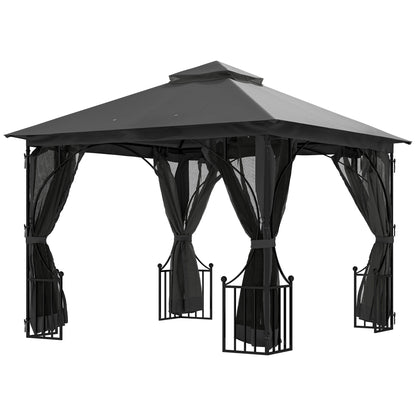 Outsunny 3 x 3(m) Garden Gazebo Patio Party Tent Shelter Outdoor Canopy Double Tier Sun Shade with Metal Frame and Netting, Dark Grey