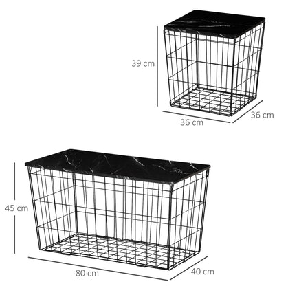 HOMCOM Side Table Set of 2 with Wire Storage Basket, End Tables Coffee Tables with Faux Marble Top for Living Room Bedroom, Black