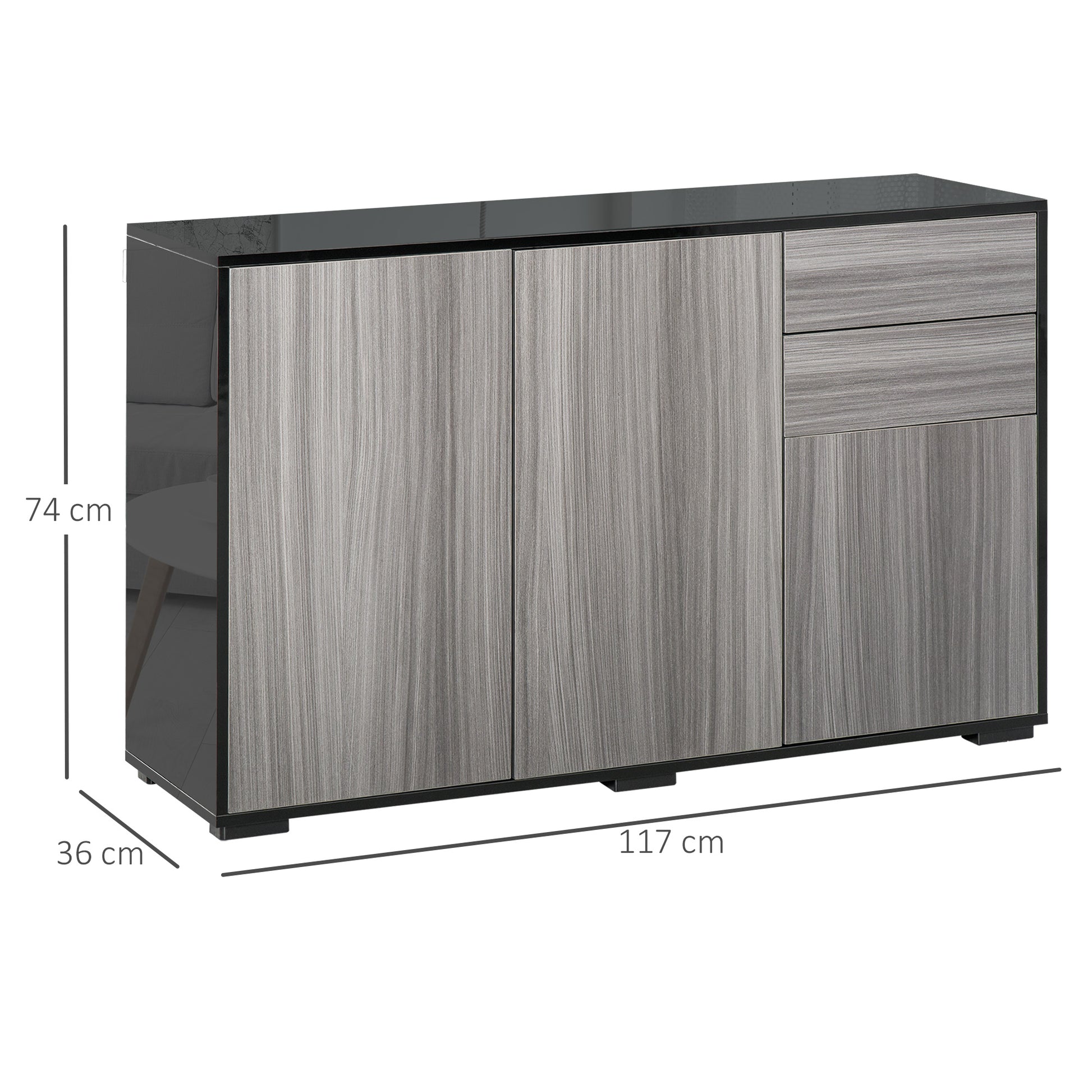 HOMCOM High Gloss Sideboard, Side Cabinet, Push-Open Design with 2 Drawer for Living Room, Bedroom, Light Grey and Black