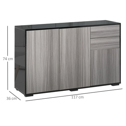 HOMCOM High Gloss Sideboard, Side Cabinet, Push-Open Design with 2 Drawer for Living Room, Bedroom, Light Grey and Black