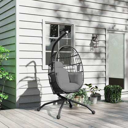 Outsunny Hanging Egg Chair Outdoor Indoor Garden Swing Chair with Folding Basket and Thickened Cushion, Garden Hanging Chair with Stand, Headrest, Cup Holder for Patio, Balcony, Dark Grey