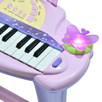 HOMCOM Mini Electronic Organ Piano W/Microphone and Stool-Purple/Pink