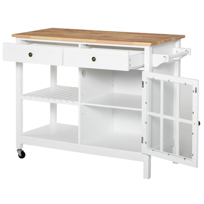 HOMCOM Modern Kitchen Island on Wheels, Kitchen Trolley Storage Cart with 2 Drawers, Cabinet, Towel Rack, Rubber Wood Top for Dining Room, White
