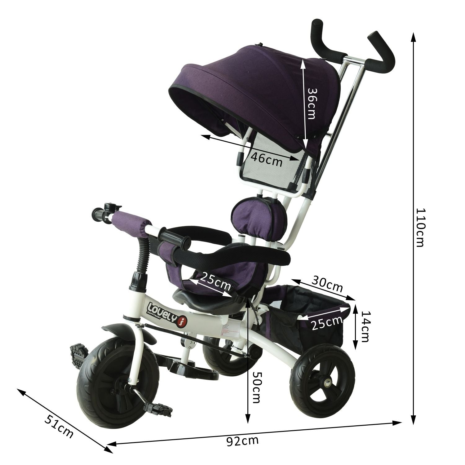 HOMCOM Baby Tricycle W/Handle-White/Purple