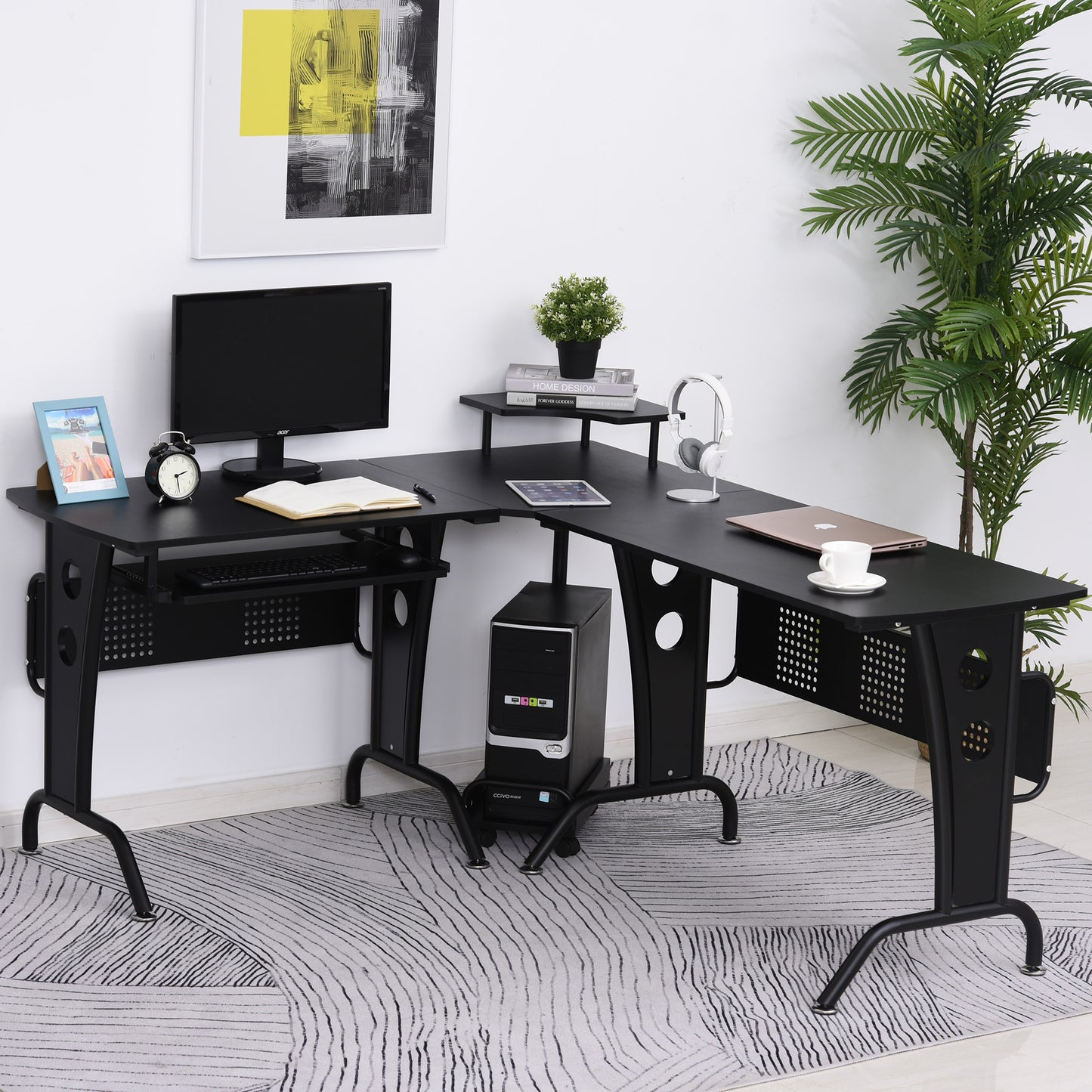 HOMCOM L-Shaped Corner Work Desk Gaming Office w/ Steel Frame CPU Rack Keyboard Tray Space-Saving Melamine Coating Computer Home Workstation Black