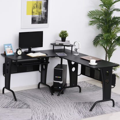HOMCOM L-Shaped Corner Work Desk Gaming Office w/ Steel Frame CPU Rack Keyboard Tray Space-Saving Melamine Coating Computer Home Workstation Black