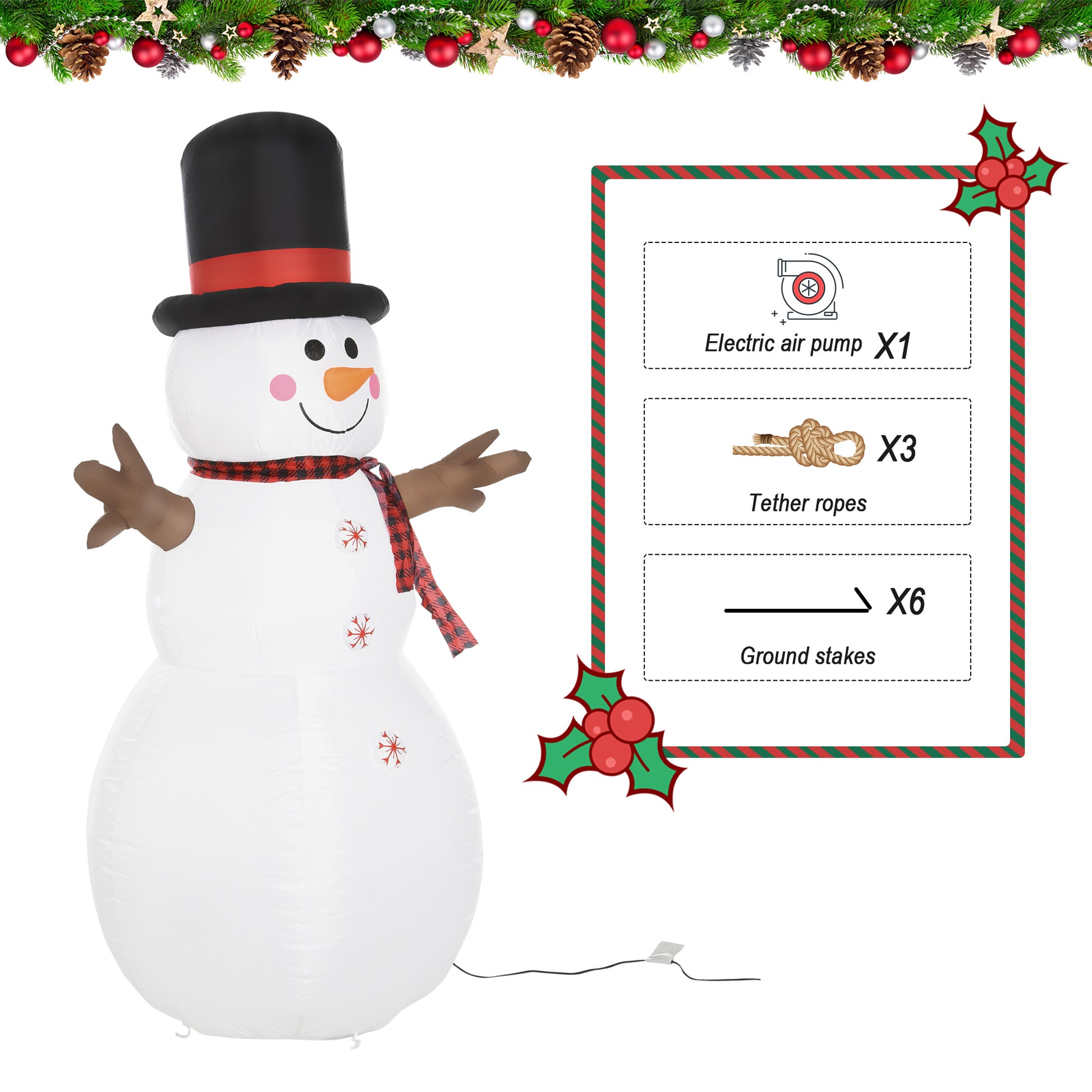HOMCOM 6ft/1.82m Tall Giant Outdoor Indoor Inflatable Snowman Christmas Decoration for Lawn with Hat Scarf LED Lights
