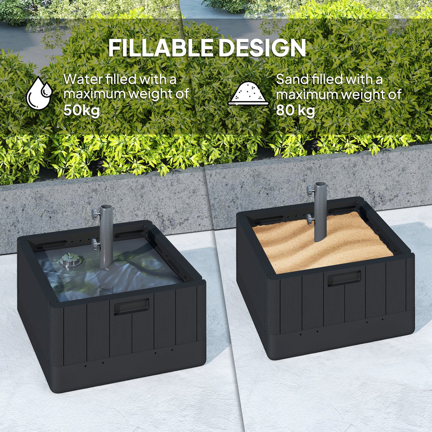 Outsunny Garden Parasol Base Outdoor Umbrella Stand with Wheels Handles, Garden Umbrella Base, Filled Up to 80kg with Stand or 50kg with Water for 38, 48 mm Poles, Black