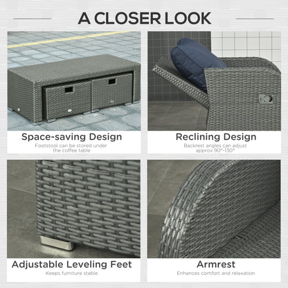 Outsunny 6pc Outdoor Rattan Wicker Furniture Set with 3-Seat Sofa, 2 Single Sofas, 2 Footstools and Coffee Table