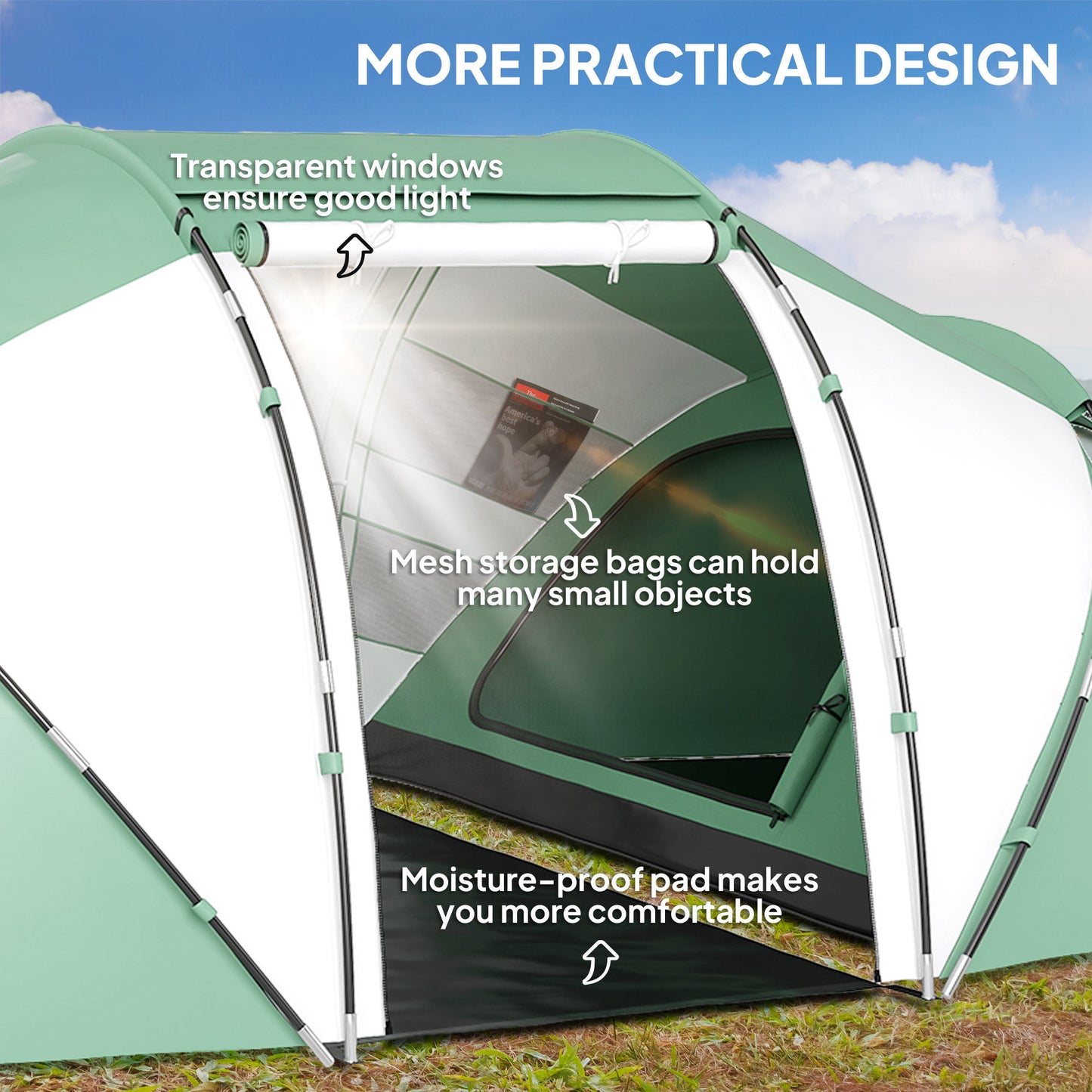 Outsunny 4-6 Man UV Protection Camping Tent - Green and White