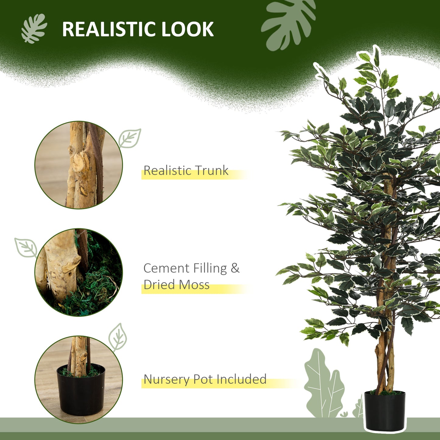 HOMCOM Artificial Ficus Tree in Pot, 130cm Tall Fake Plant with Lifelike Leaves and Natural Trunks, for Indoor Outdoor, Set of 2, Green