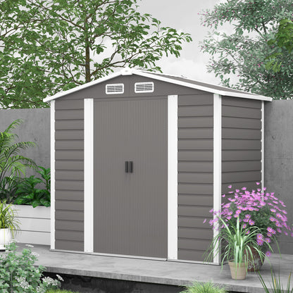 Outsunny 7 x 4ft Garden Shed, Easy to Assemble, Upgraded Galvanised Steel Frame with Foundation Kit, Double Doors with Lock, Outdoor Metal Shed with Vents and Gloves, Garden Storage Shed, Light Grey
