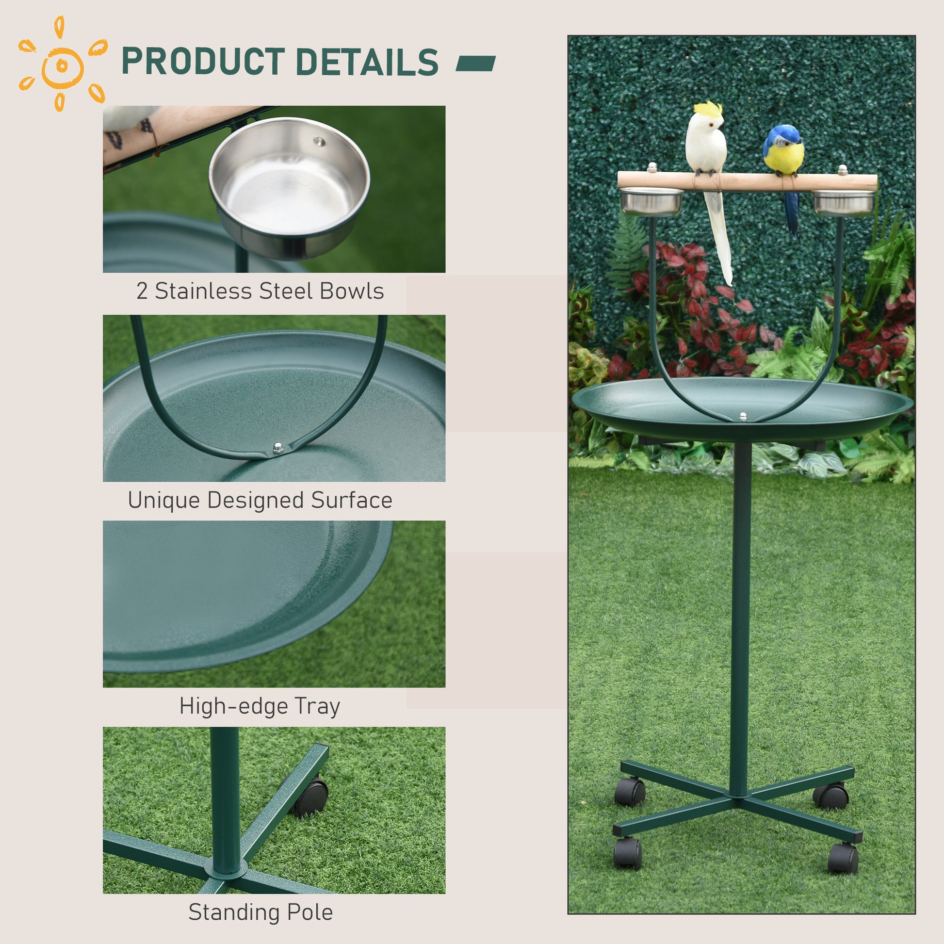 PawHut Bird Perch Stand with Four Wheels, Feeding Bowls, for Small, Medium Birds, Green