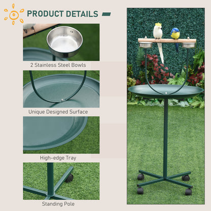 PawHut Bird Perch Stand with Four Wheels, Feeding Bowls, for Small, Medium Birds, Green