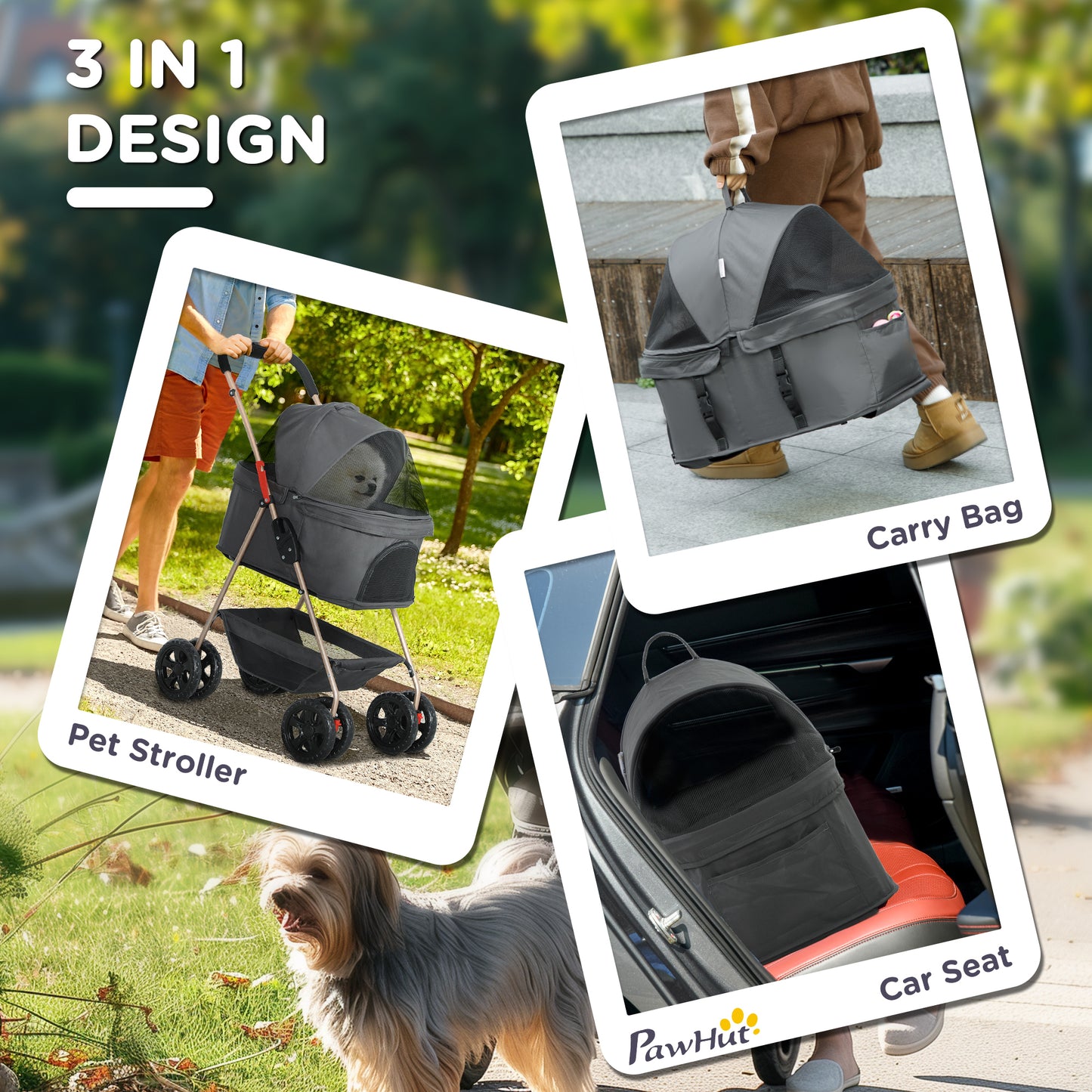 PawHut PawH 3-in-1 Pet Stroller, Folding Four-Wheel Dog Pram with Detachable Carrier for Mini Dogs, Cats, Grey
