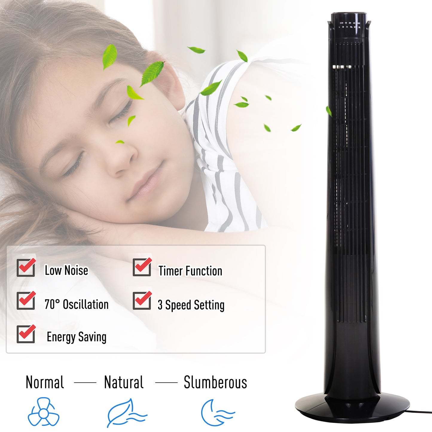 HOMCOM 36" Tower Fan Oscillating 3 Speeds w/ Remote Control Timer Moving Head Quiet Operation Home Office Bedroom Black - 92H cm