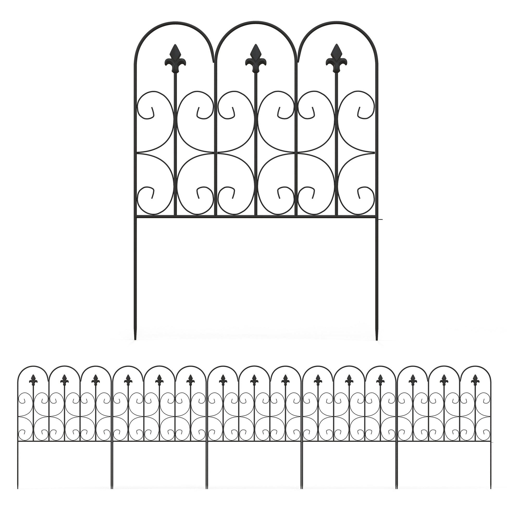 Outsunny Decorative Garden Fencing, 83cm (H) x 3m (L) 5PCs Outdoor Picket Fence Panels, Rustproof Metal Wire Landscape Flower Bed Border Edging Animal Barrier, Black