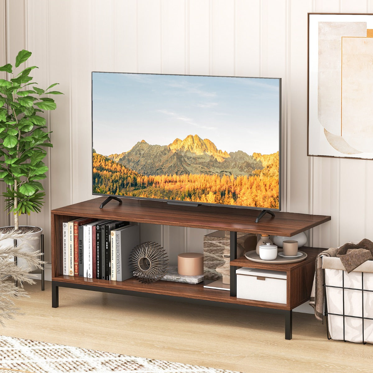 Industrial TV Stand for TVs up to 120 CM with Open Storage Shelves-Walnut