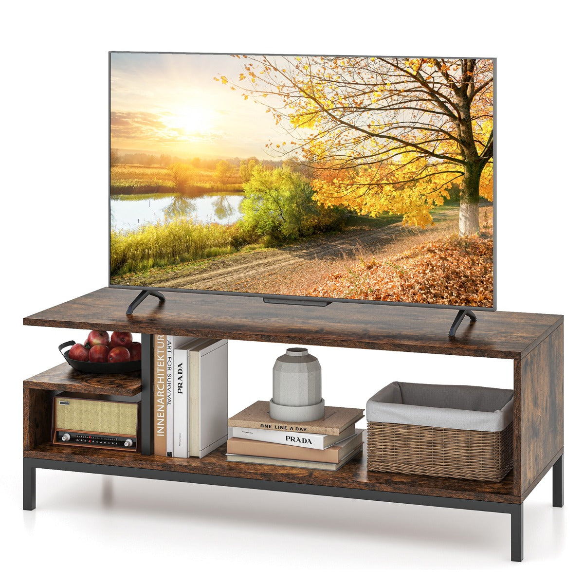 Industrial TV Stand for TVs up to 120 CM with Open Storage Shelves-Coffee