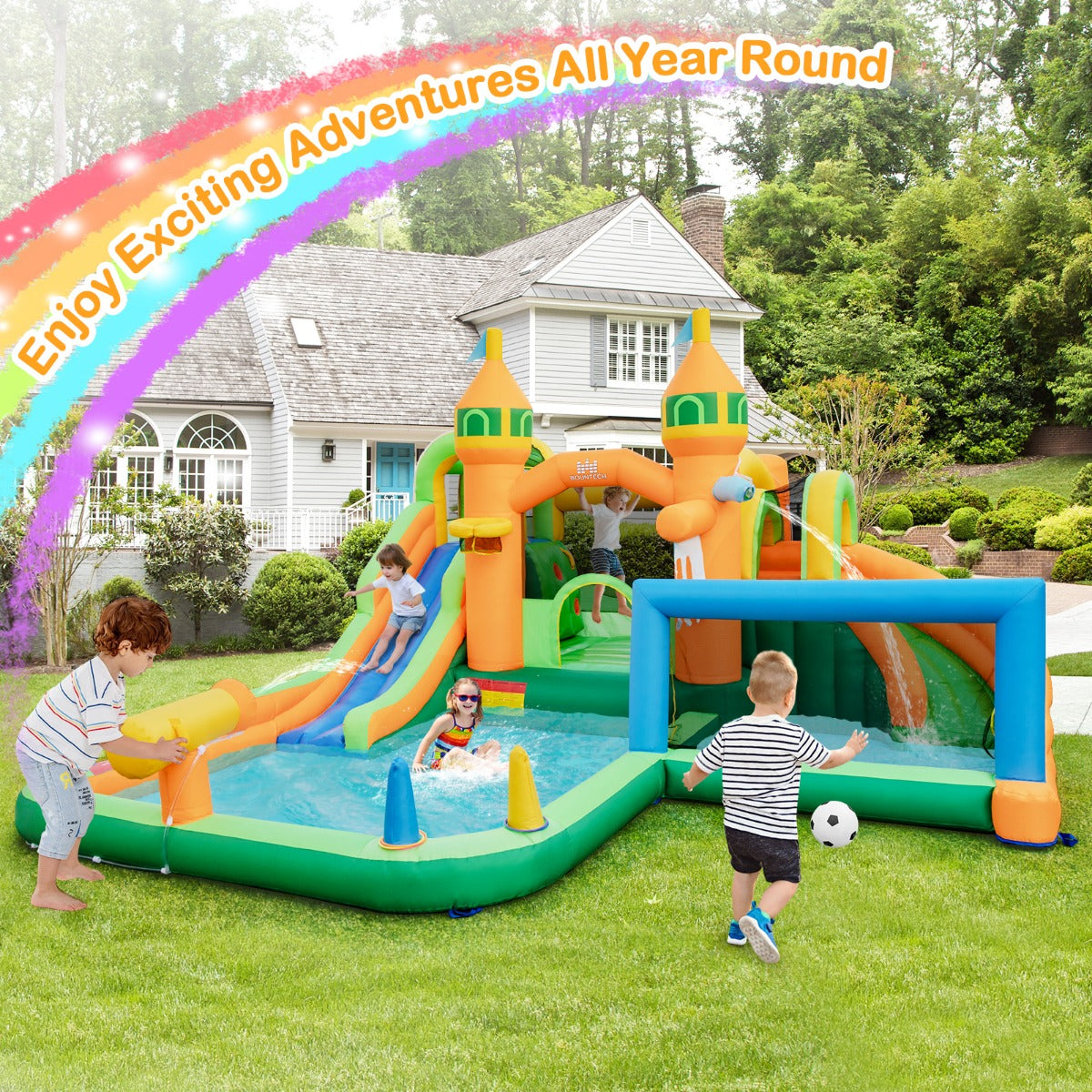 Kids Water Park with Long Slides Splash Pools Climbing Wall for Yard Lawn Without Blower
