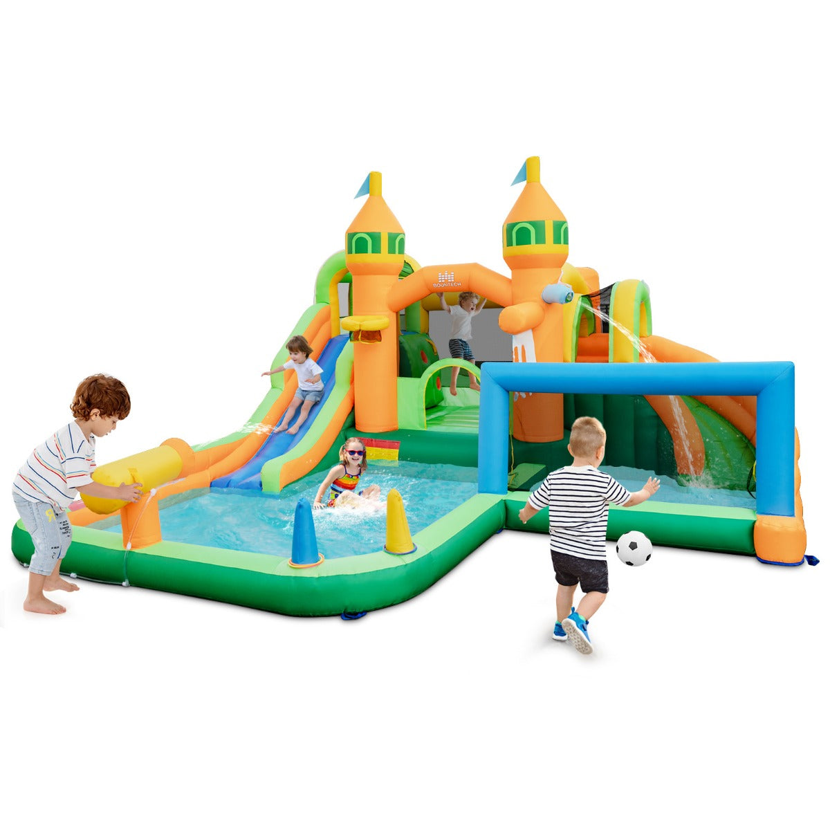 Kids Water Park with Long Slides Splash Pools Climbing Wall for Yard Lawn Without Blower
