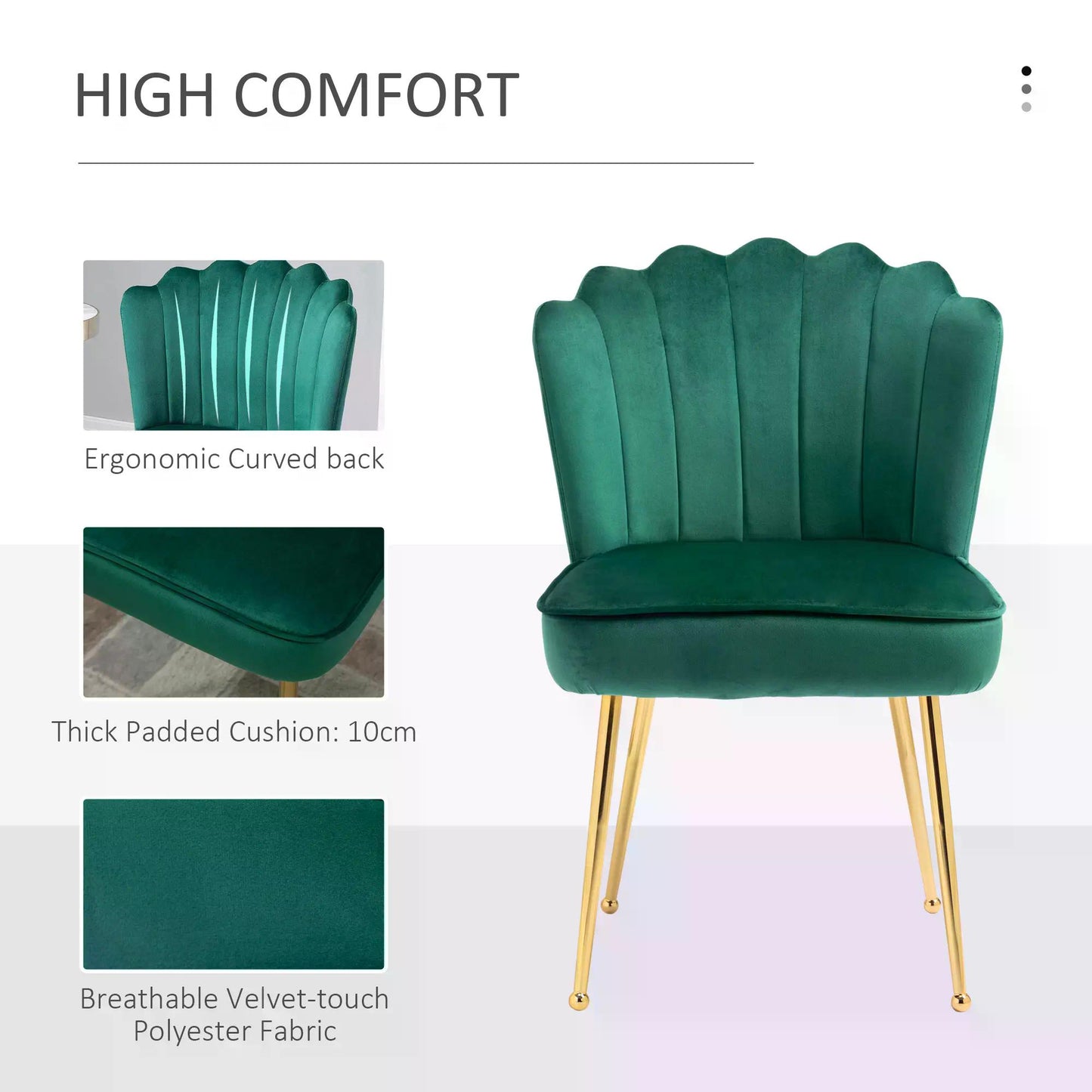 HOMCOM Velvet-Feel Shell Luxe Accent Chair, Glam Vanity Chair Makeup Seat, Home Bedroom Lounge with Metal Legs Comfort Padding, Green