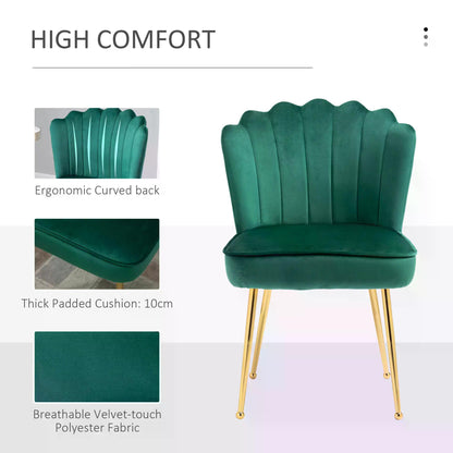 HOMCOM Velvet-Feel Shell Luxe Accent Chair, Glam Vanity Chair Makeup Seat, Home Bedroom Lounge with Metal Legs Comfort Padding, Green