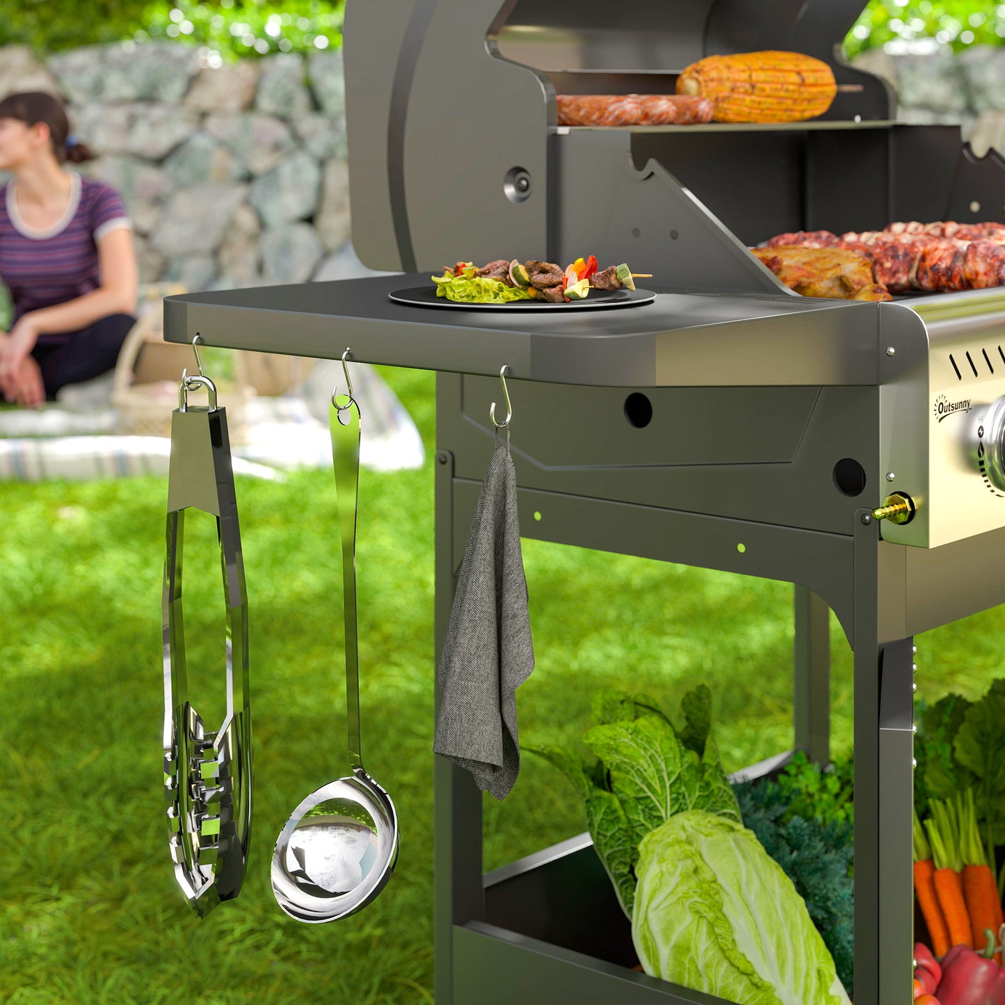 Outsunny 7.5kW Three-Burner Gas BBQ Grill, with See-Through Lid - Black