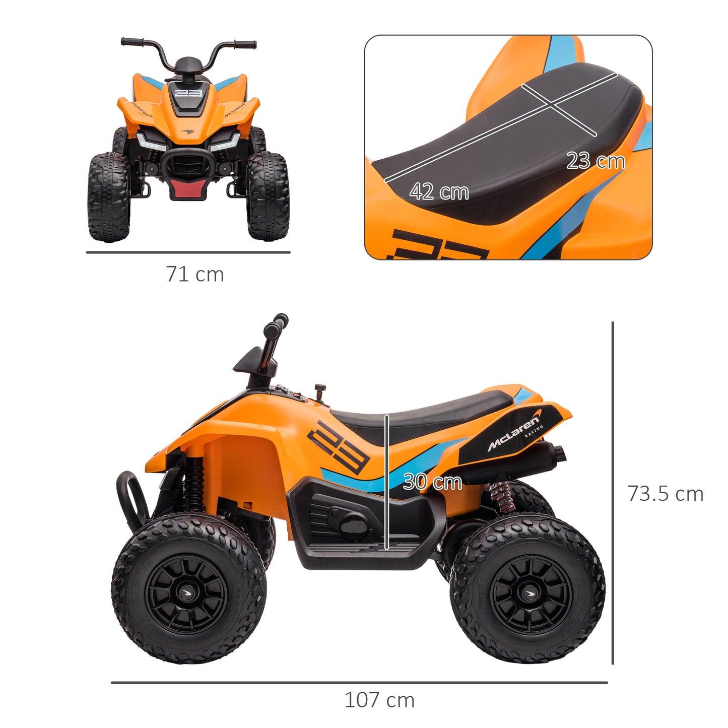 HOMCOM Mclaren Licensed 12V Quad Bike with Slow Start, Music, Headlights, MP3 Slot, Suspension Wheels, for 3-8 Years - Orange