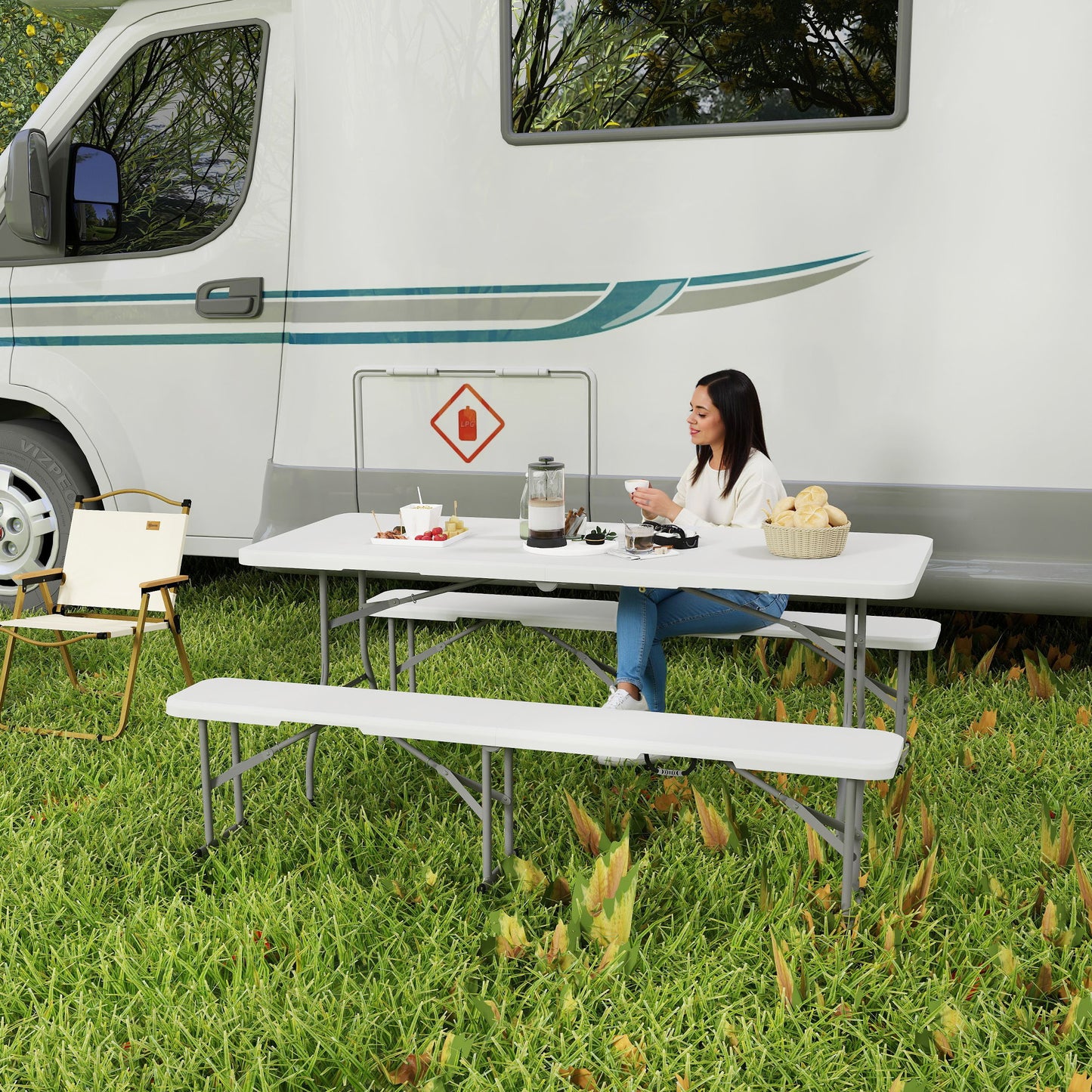 Outsunny Three-Piece Folding Picnic Table and Bench Set - White
