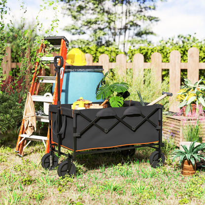 Outsunny 160L Festival Trolley on Wheels, Folding Camping Trolley Cart w/ Tailgate, 100kg Heavy Duty Garden Collapsible Folding Wagon w/Adjustable Handle, Carry Bag for Beach Picnic, Black and Orange