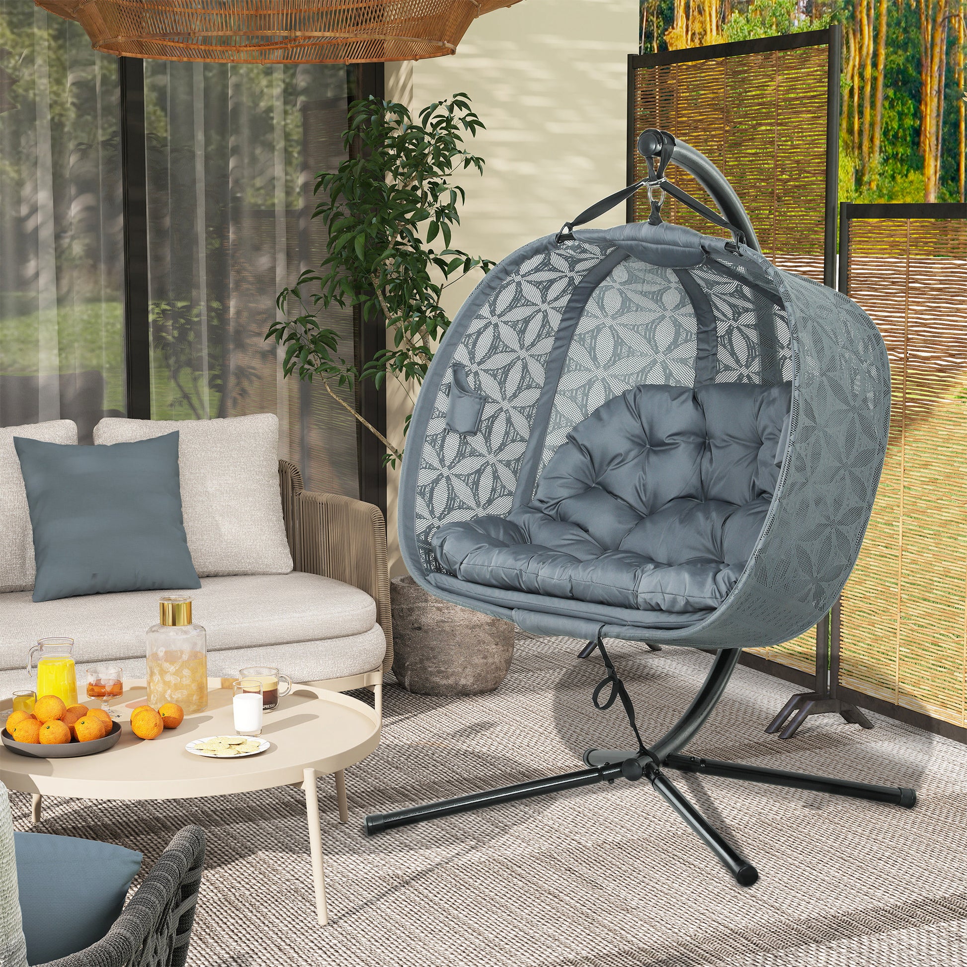 Outsunny Outdoor Double Hanging Chair with Cushion and Cup Holders, Charcoal Grey